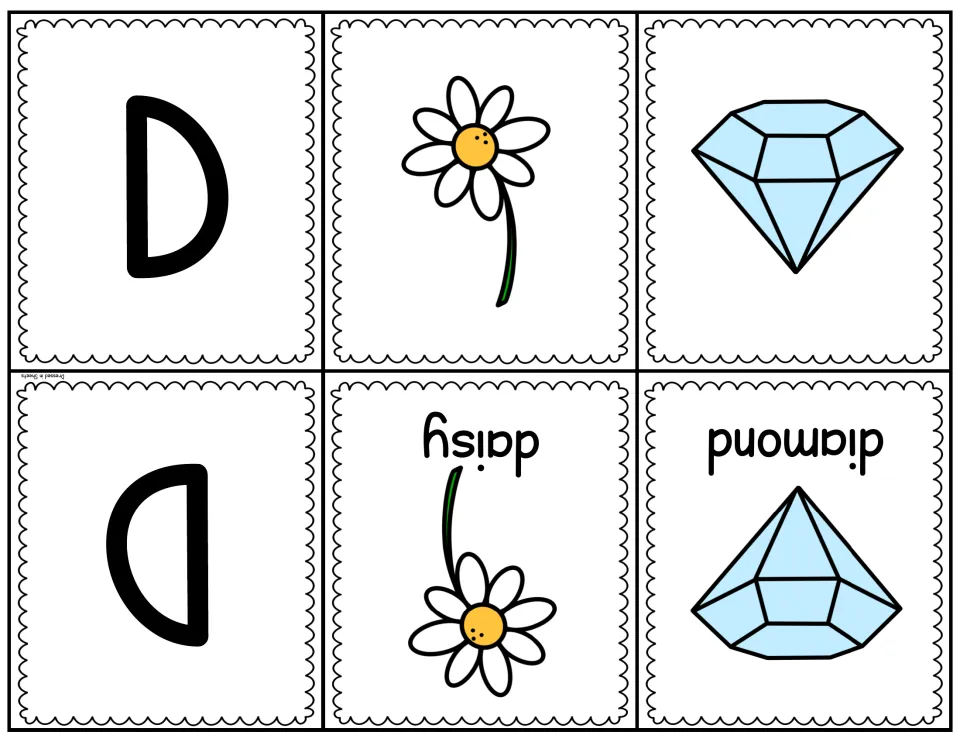 Letter D fold-over cards: a capital D card plus daisy and diamond pictures, each with its printed word on the back