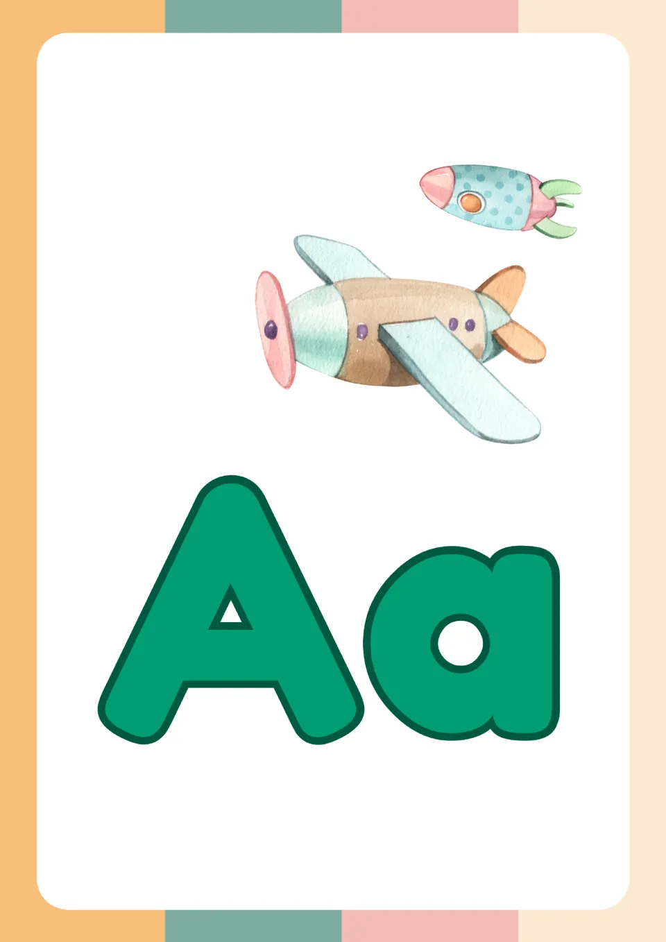 Letter Aa picture card showing large uppercase A and lowercase a beside watercolor drawings of an airplane and a rocket