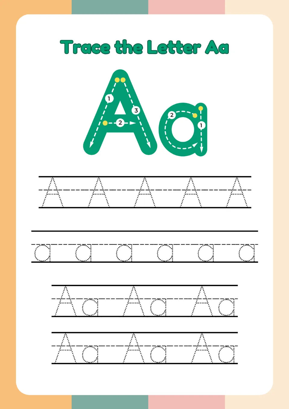 Trace the Letter Aa: numbered stroke-order arrows, then students trace dotted rows of A, a and Aa for handwriting practice