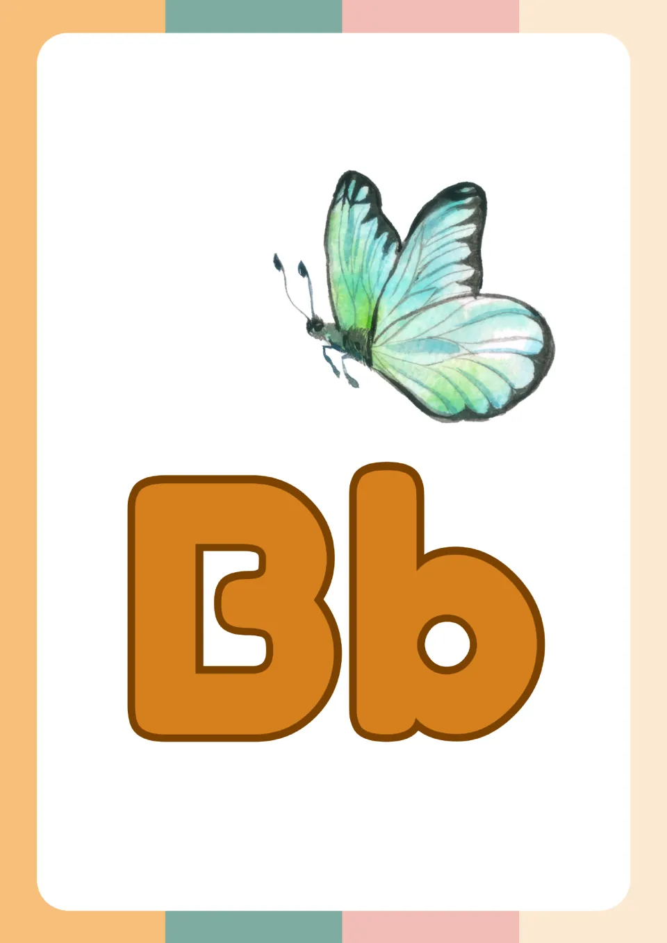 Letter Bb picture card with large uppercase B and lowercase b next to a watercolor butterfly for the b sound