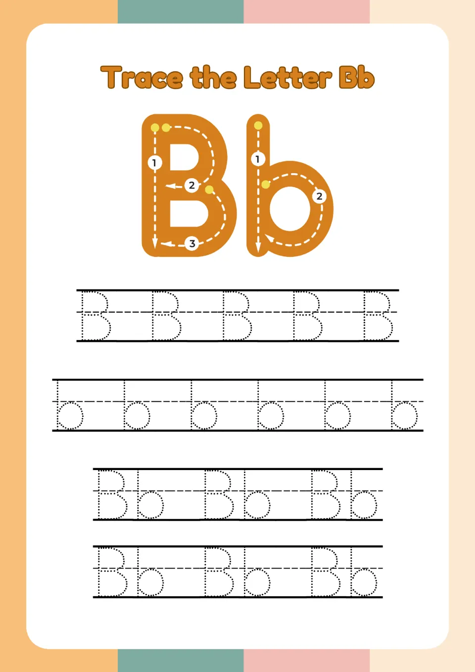 Trace the Letter Bb: stroke-order guide with numbered arrows, then dotted rows of B, b and Bb for students to trace