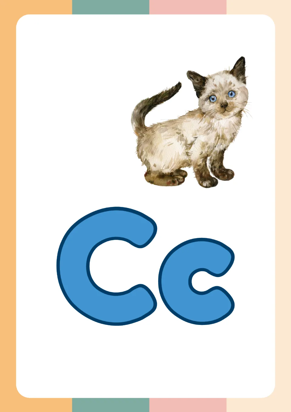 Letter Cc picture card showing large uppercase C and lowercase c with a watercolor kitten to link the letter and sound