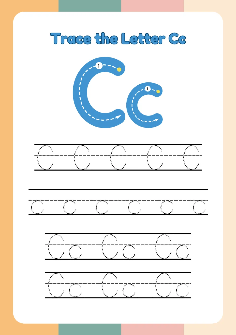 Trace the Letter Cc: one-stroke arrow guide for C and c, then students trace dotted rows of C, c and paired Cc letters