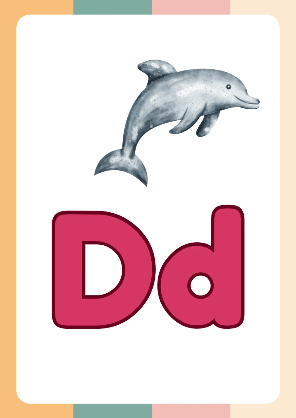 Letter Dd picture card with large uppercase D and lowercase d below a leaping watercolor dolphin, for the d sound