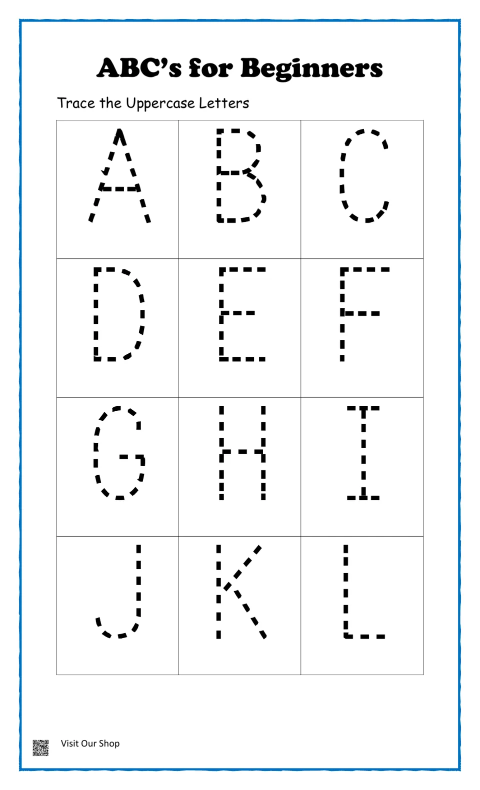 Uppercase letter tracing, A to L: students trace 12 dotted capital letters under the heading ABC's for Beginners