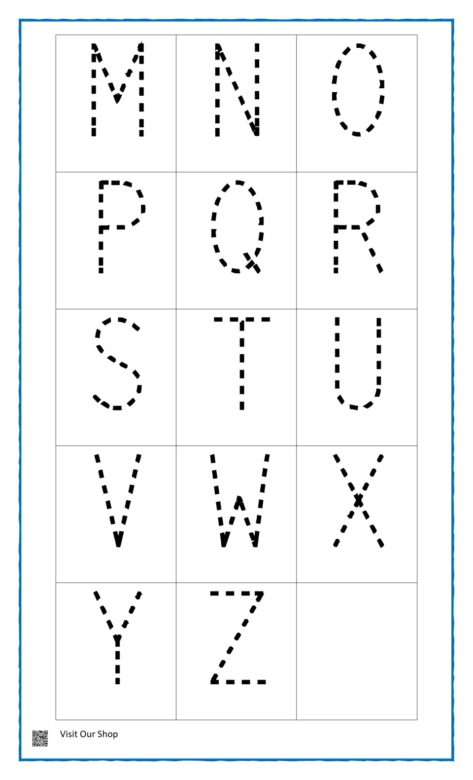 Uppercase letter tracing, M to Z: students trace the dotted capital letters to finish the second half of the alphabet