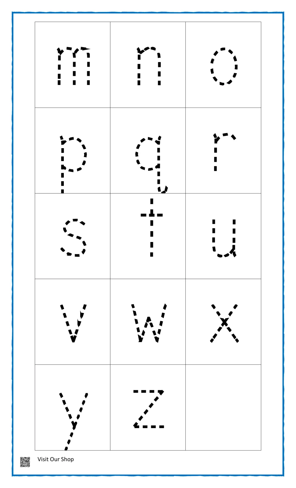 Lowercase letter tracing, m to z: students trace dotted small letters, including descenders p, q and y below the line