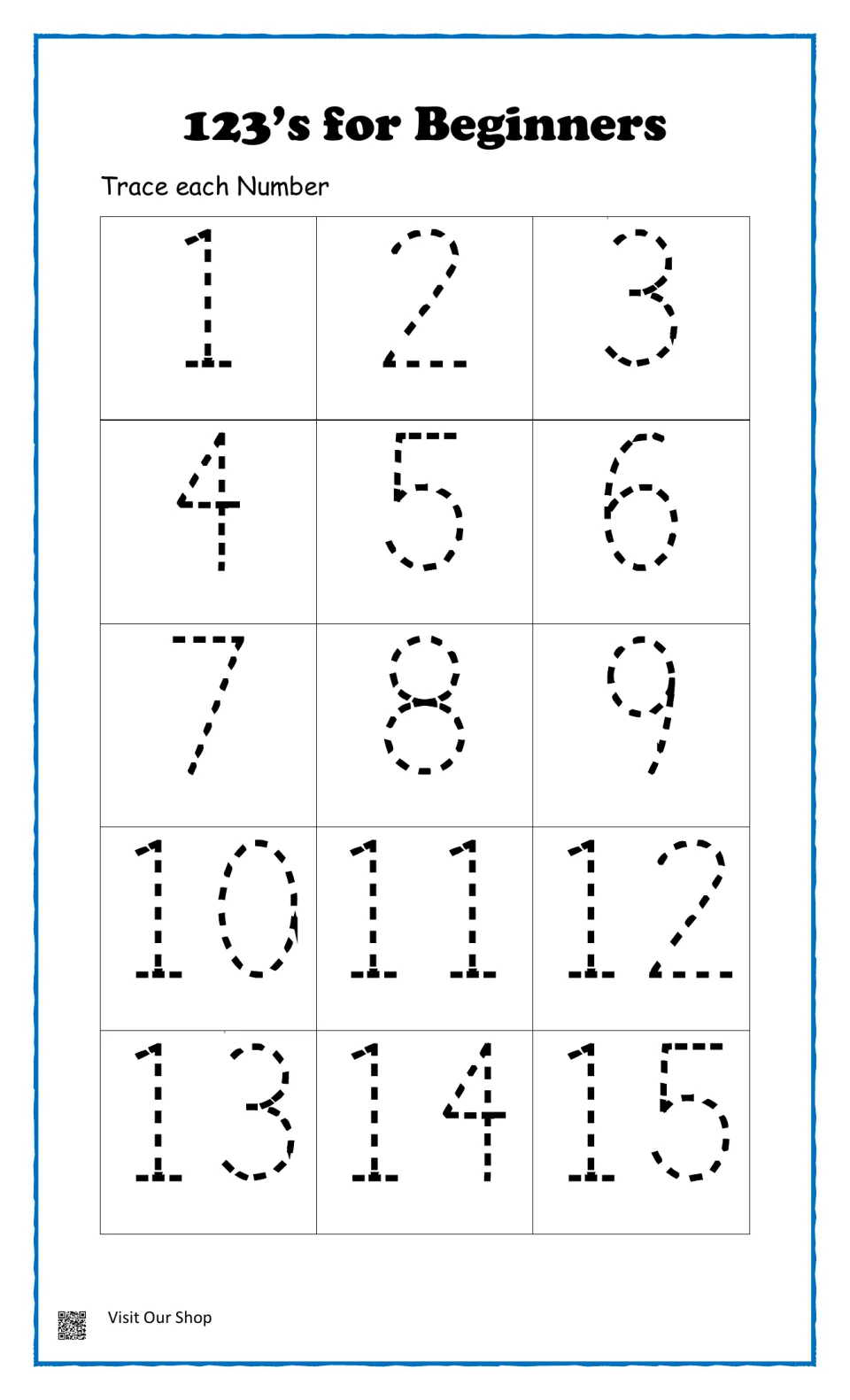 Number tracing, 1 to 15: students trace dotted numerals under the heading 123's for Beginners to practise number formation
