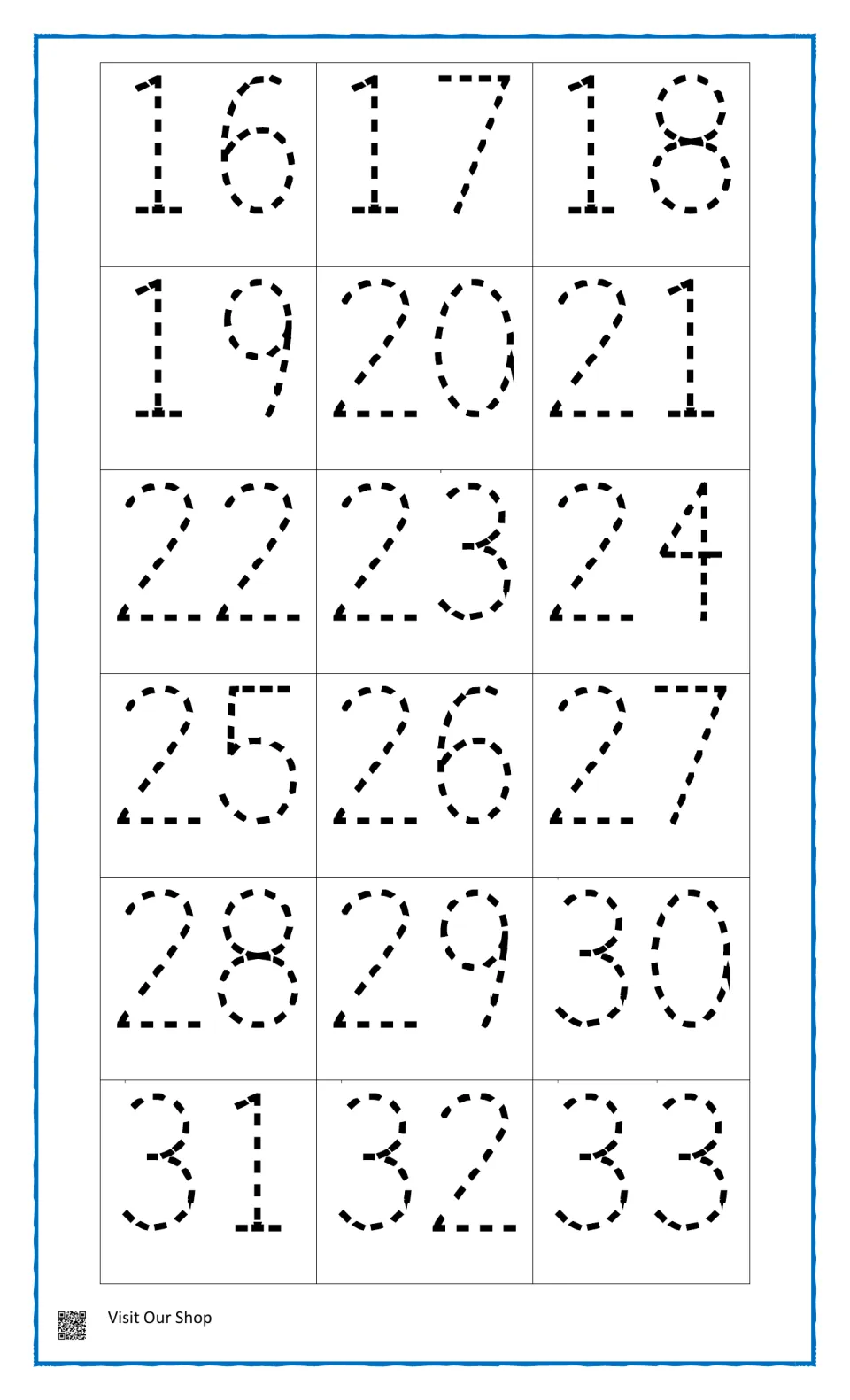 Number tracing, 16 to 33: students follow the dashed outlines to write each two-digit numeral in counting order