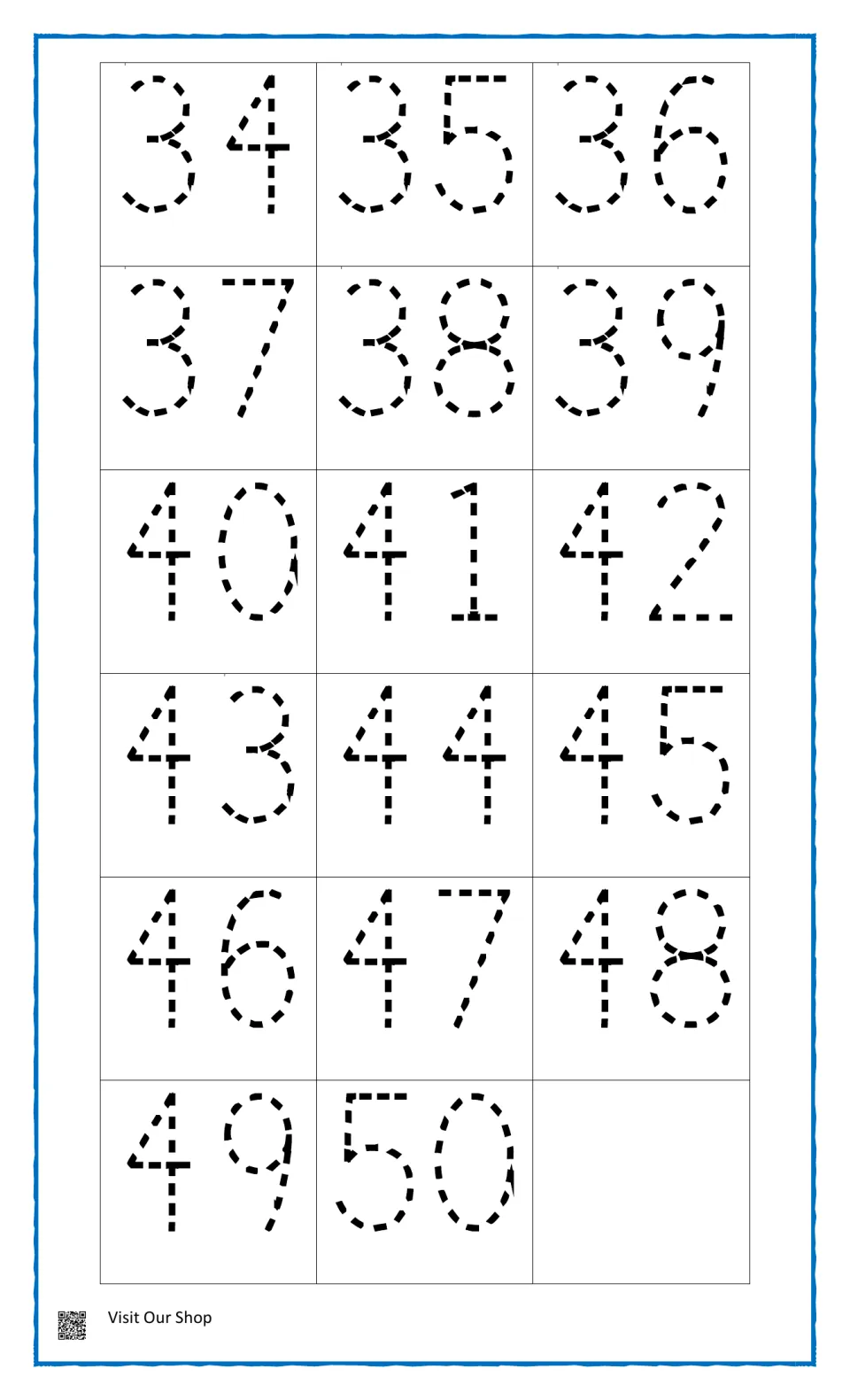Number tracing, 34 to 50: students trace dotted two-digit numerals in order to complete writing numbers up to 50