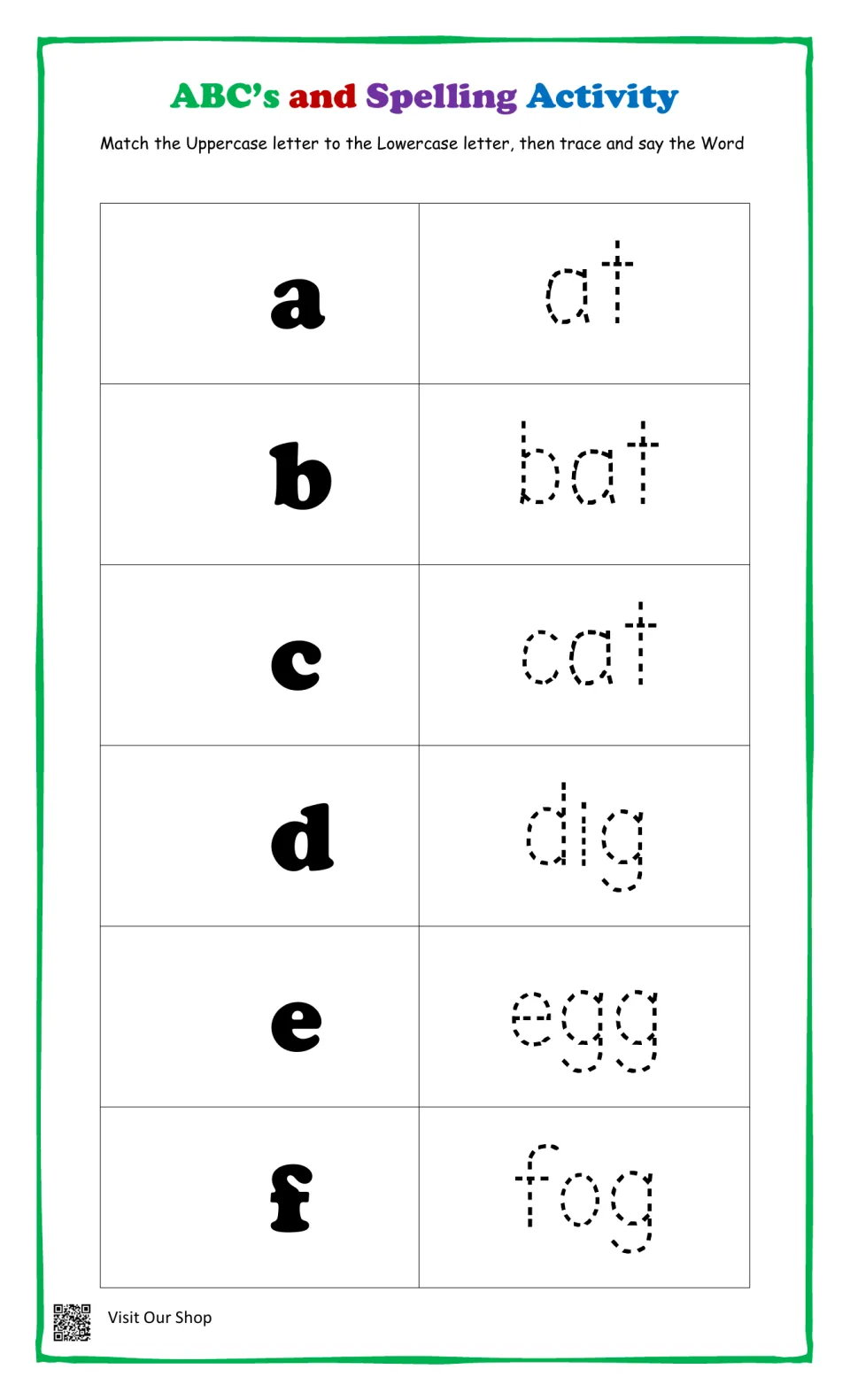 Letters a to f: students match uppercase to lowercase, then trace and say at, bat, cat, dig, egg and fog