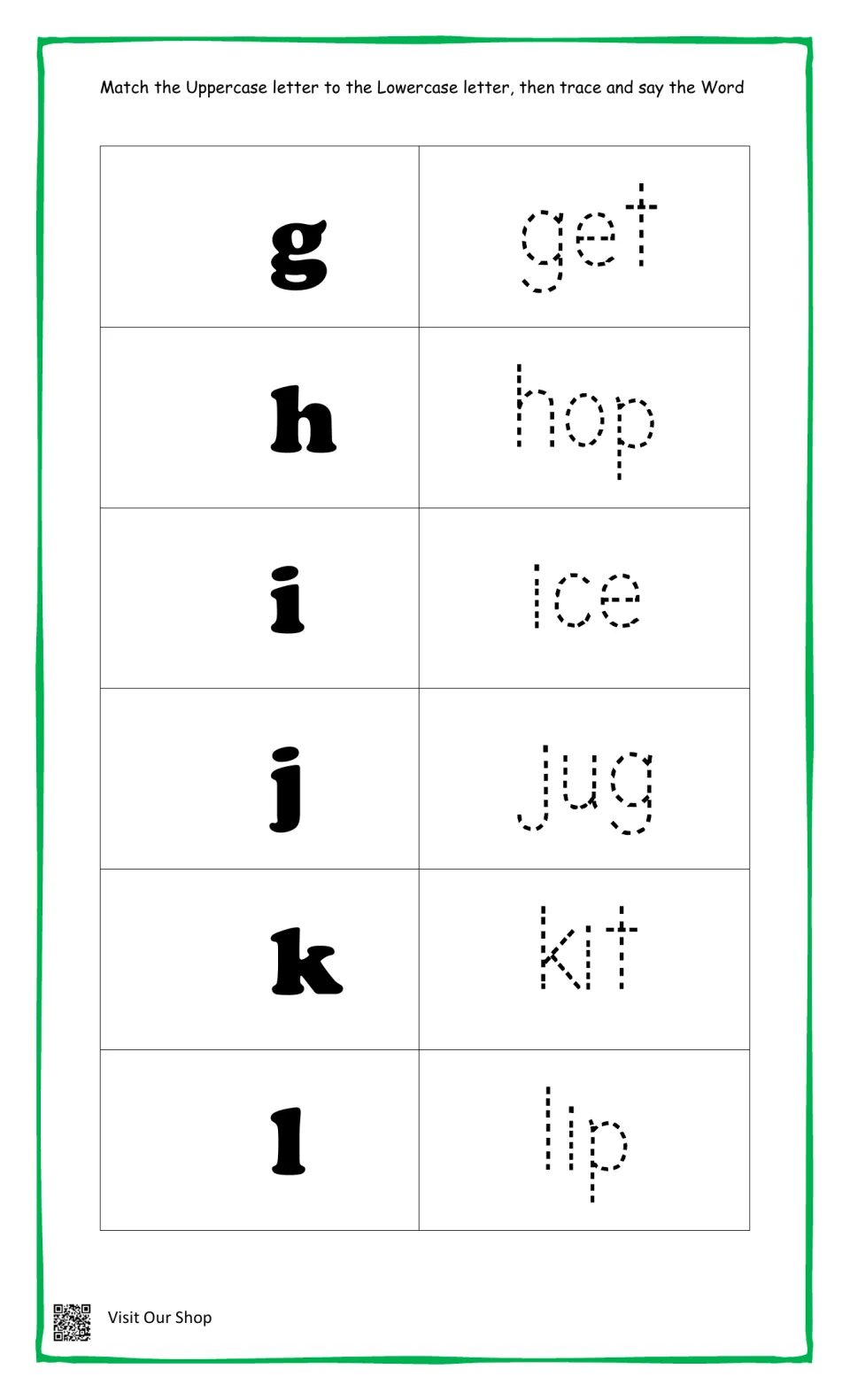 Letters g to l: students match each uppercase letter to its lowercase, then trace get, hop, ice, jug, kit and lip
