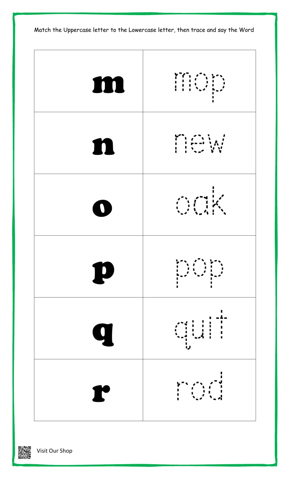 Letters m to r: students match uppercase to lowercase letters, then trace and say mop, new, oak, pop, quit and rod