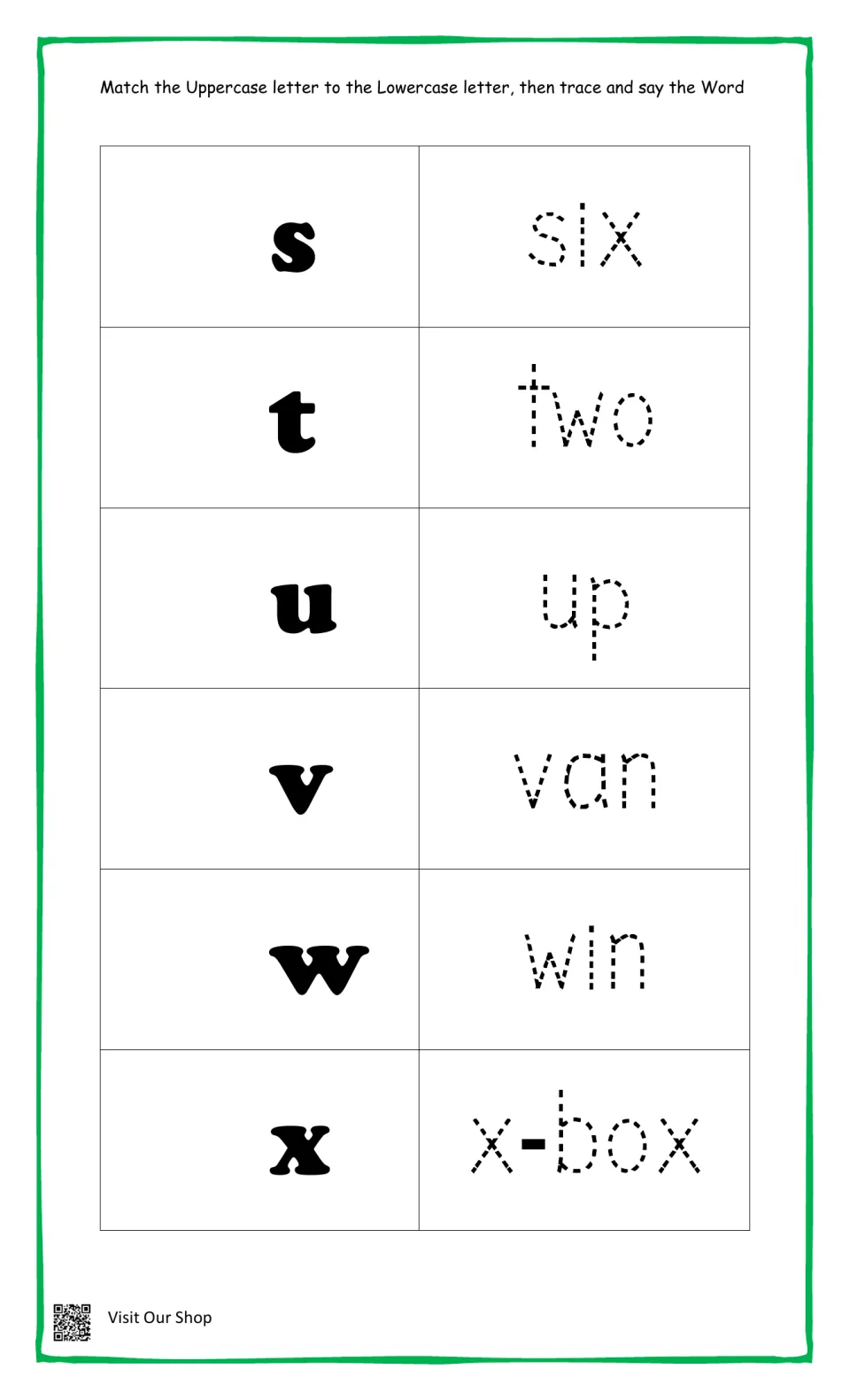 Letters s to x: students match uppercase to lowercase letters, then trace and say six, two, up, van, win and x-box