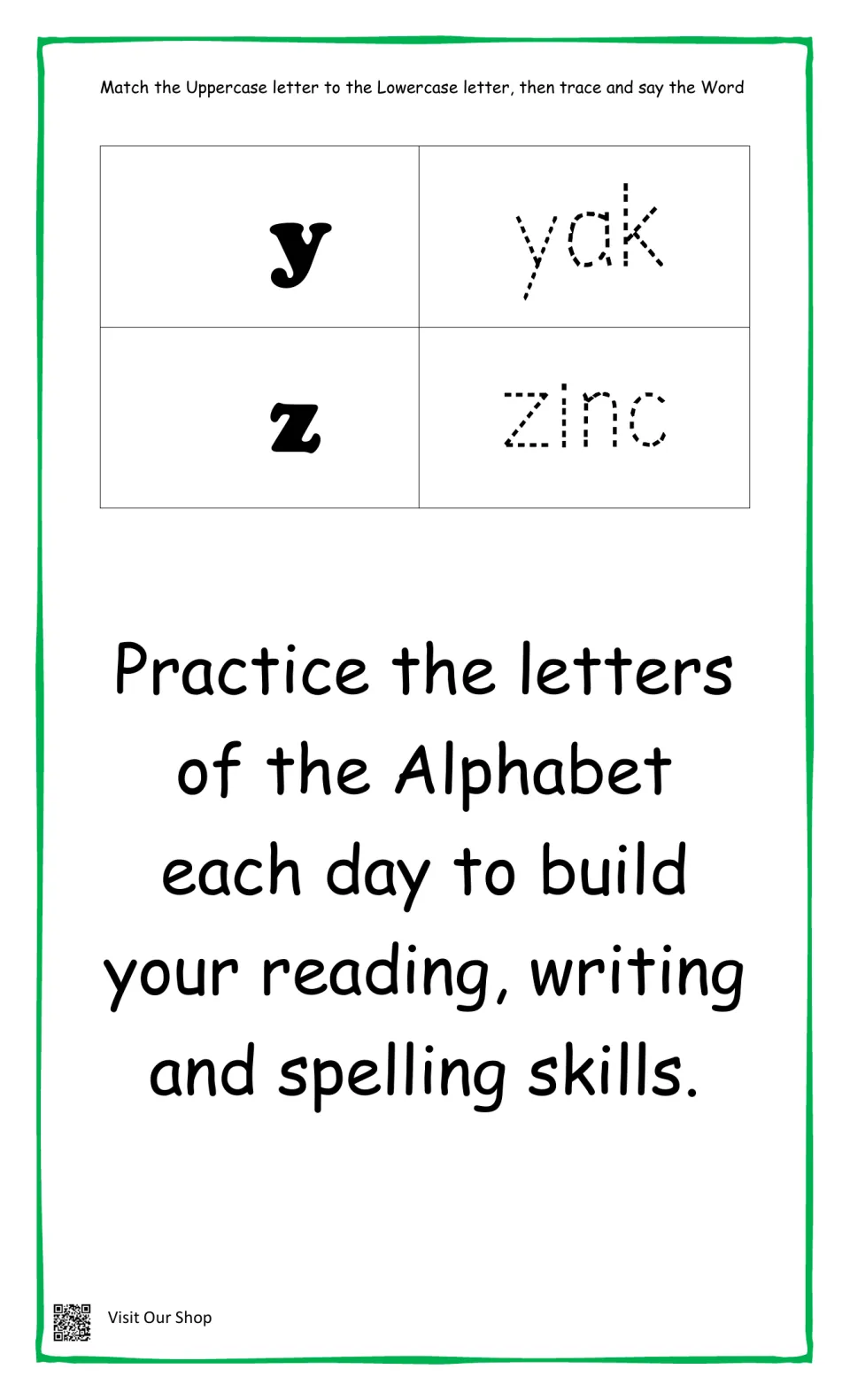 Letters y and z: students match uppercase to lowercase, trace yak and zinc, then read a daily alphabet practice note