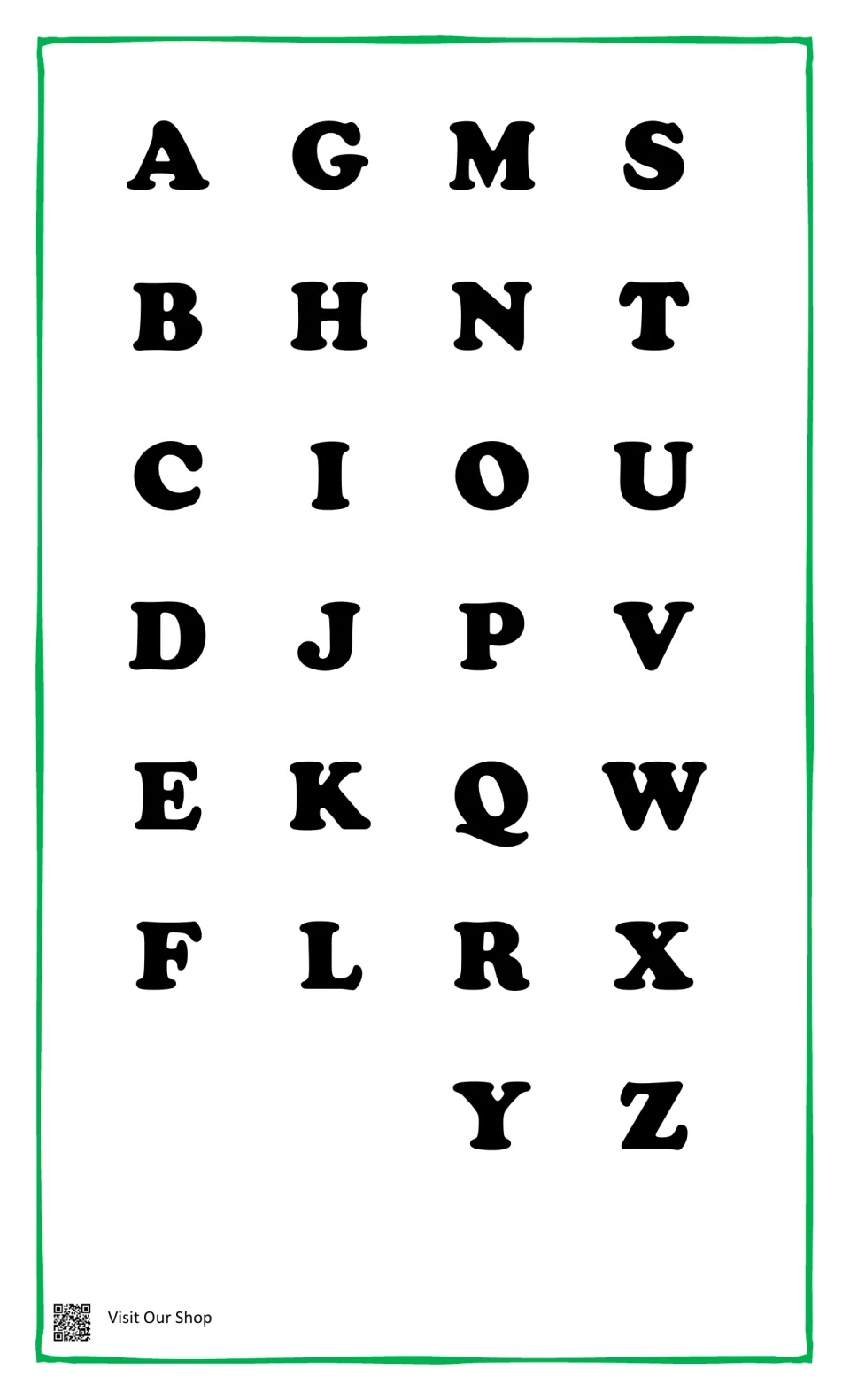 Uppercase letters A to Z in bold print, the capitals students match to the lowercase letters on the spelling pages
