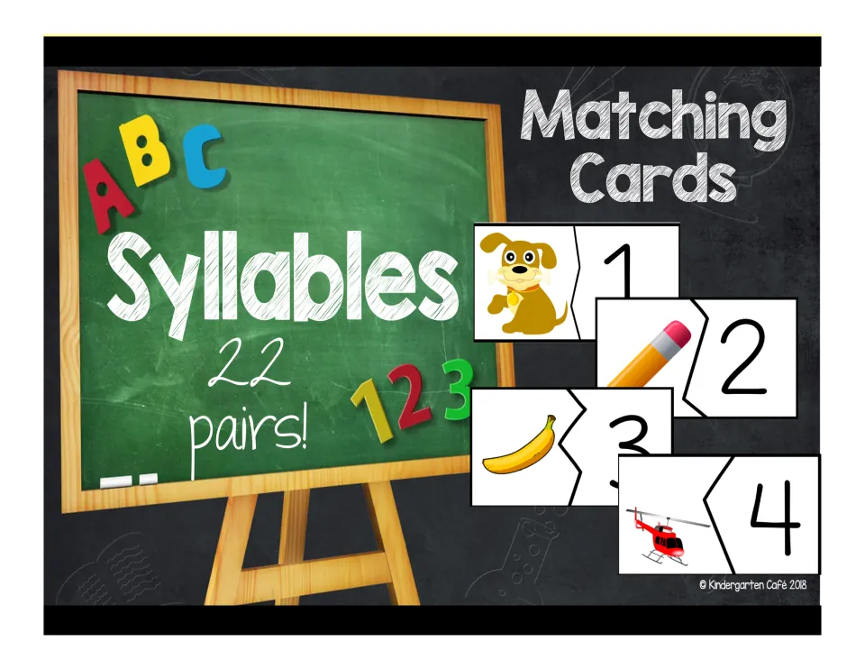 Syllable matching card cover announces 22 pairs and shows dog, pencil, banana, and helicopter examples.
