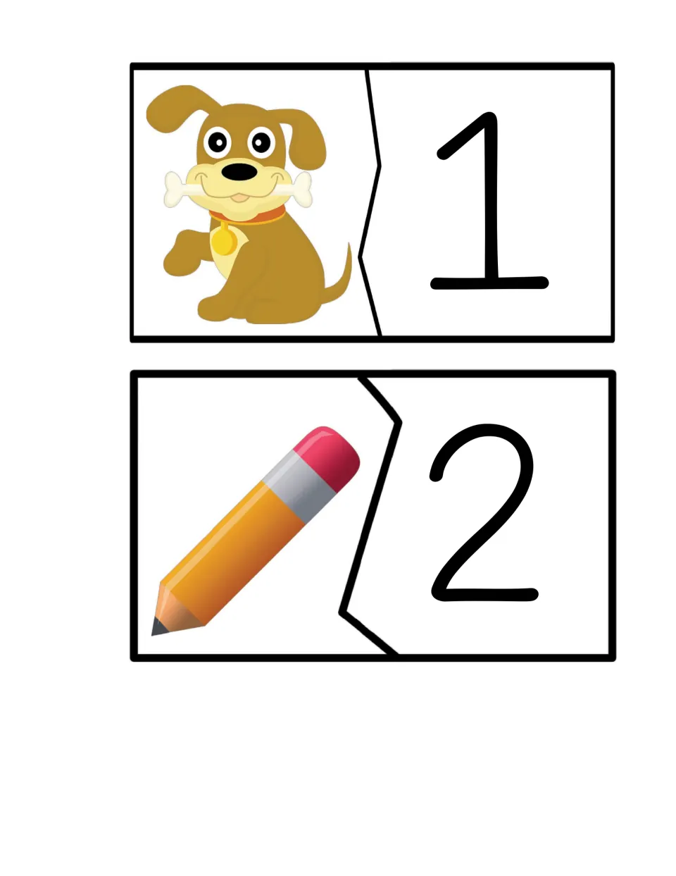 Syllable matching card pairs 1–2 show a dog paired with the number 1 and a pencil paired with the number 2.