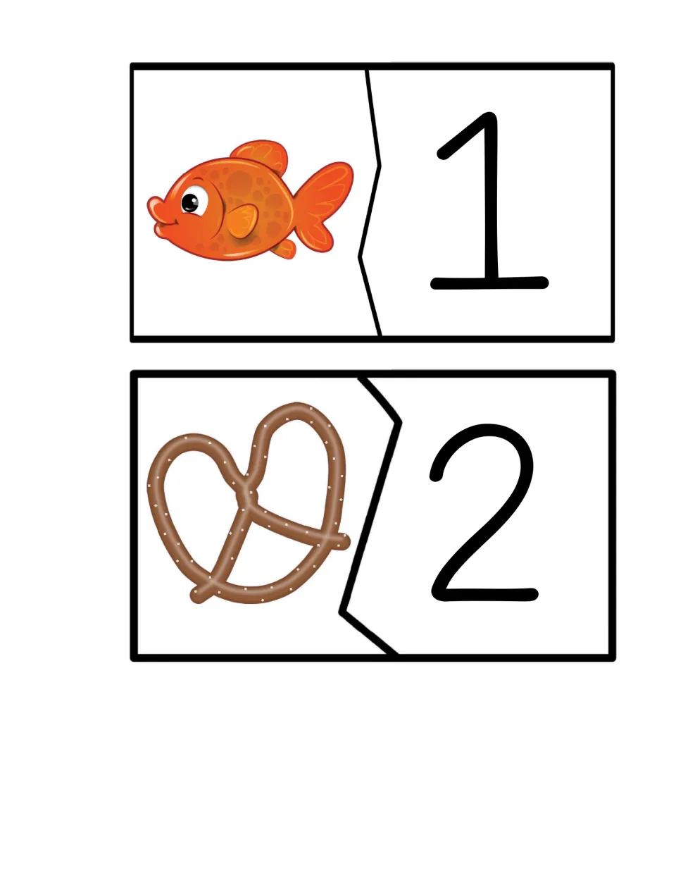 Syllable matching card pairs 3–4 show a fish paired with the number 1 and a pretzel paired with the number 2.