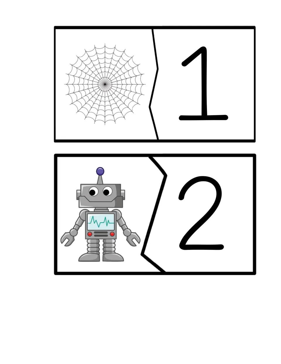 Syllable matching card pairs 5–6 show a web paired with the number 1 and a robot paired with the number 2.