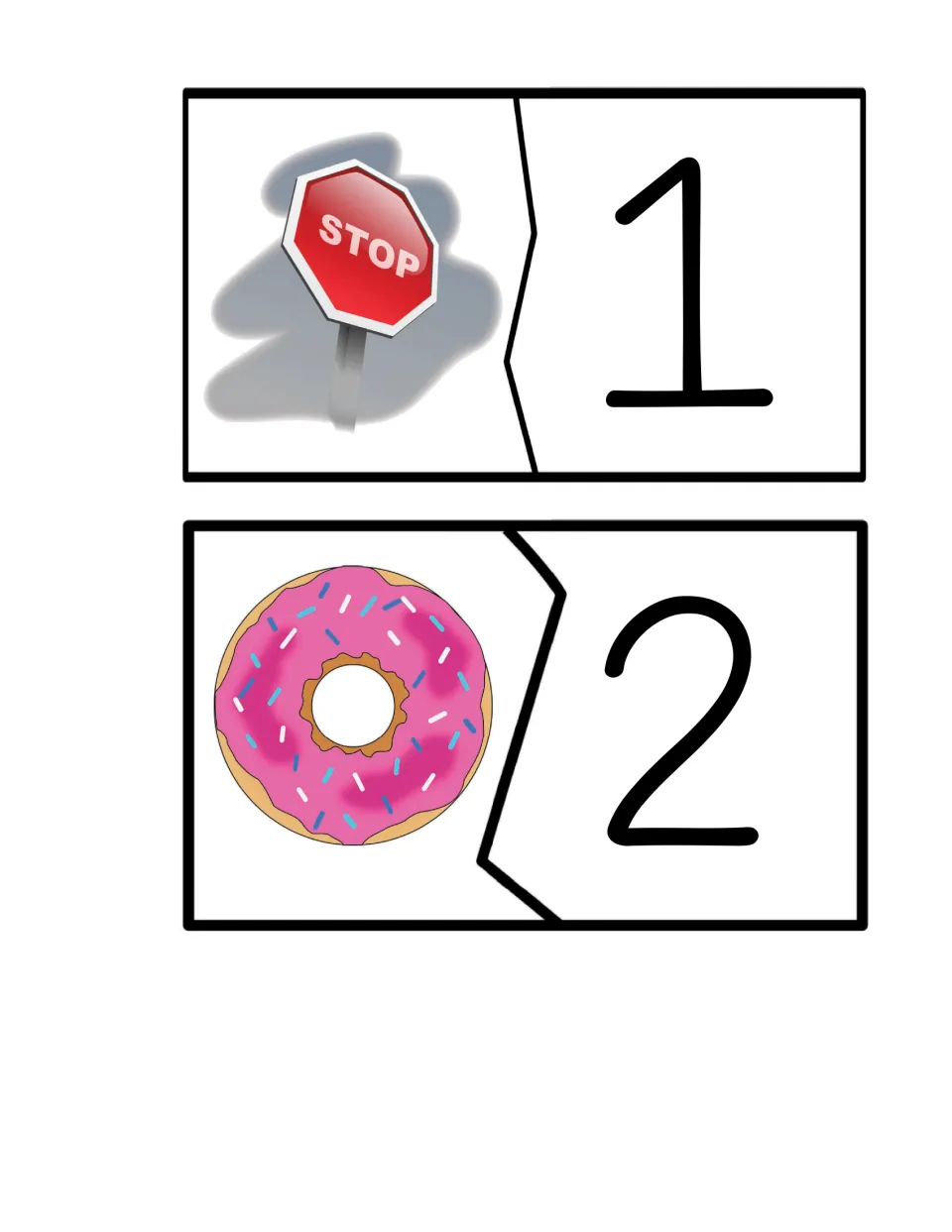 Syllable matching card pairs 7–8 show a stop sign paired with the number 1 and a donut paired with number 2.