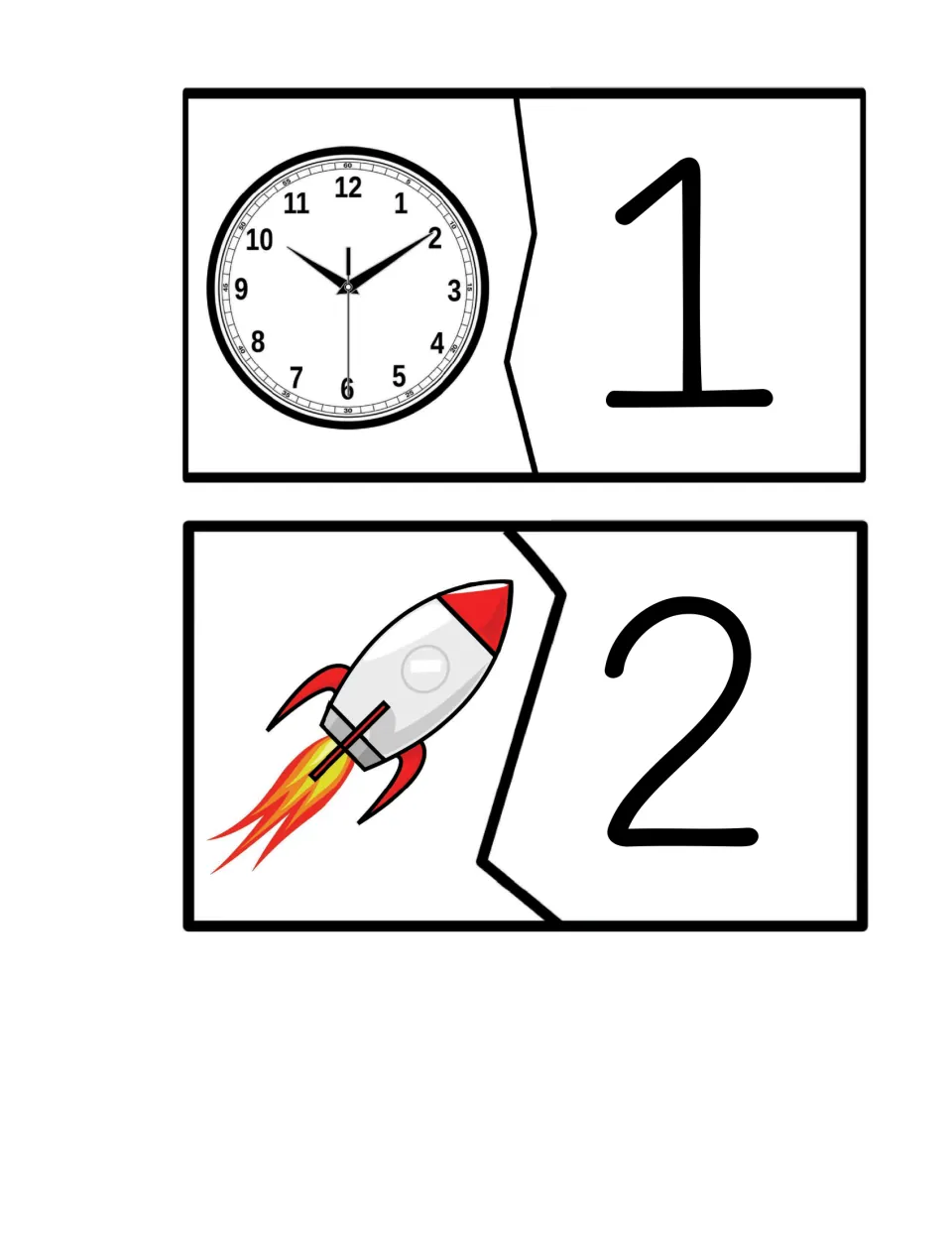 Syllable matching card pairs 9–10 show a clock paired with the number 1 and a rocket paired with number 2.