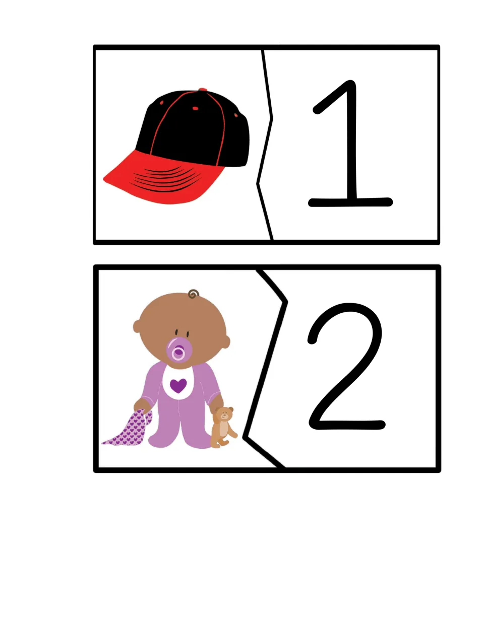 Syllable matching card pairs 11–12 show a cap paired with the number 1 and a baby paired with the number 2.