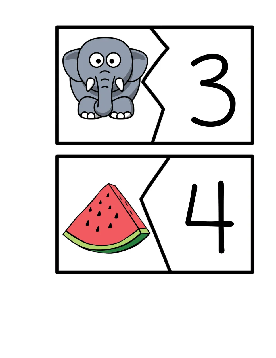 Syllable matching card pairs 13–14 show an elephant paired with number 3 and watermelon paired with number 4.