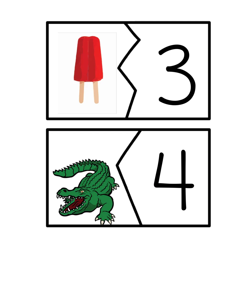 Syllable matching card pairs 15–16 show a popsicle paired with number 3 and an alligator paired with number 4.