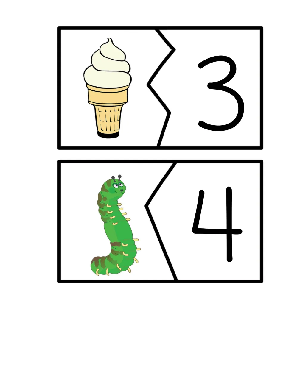 Syllable matching card pairs 17–18 show an ice cream cone paired with 3 and a caterpillar paired with 4.