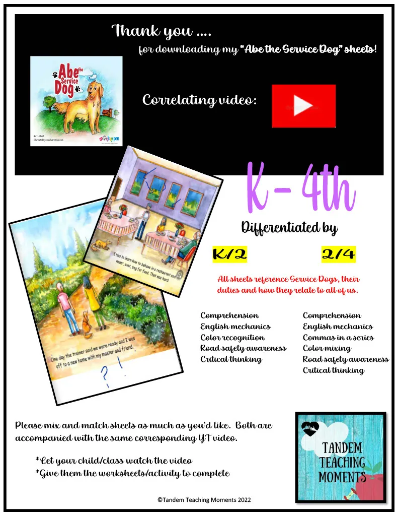 "Abe the Service Dog" Worksheet Packet – cover