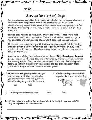 "Abe the Service Dog" Worksheet Packet – sample page 4