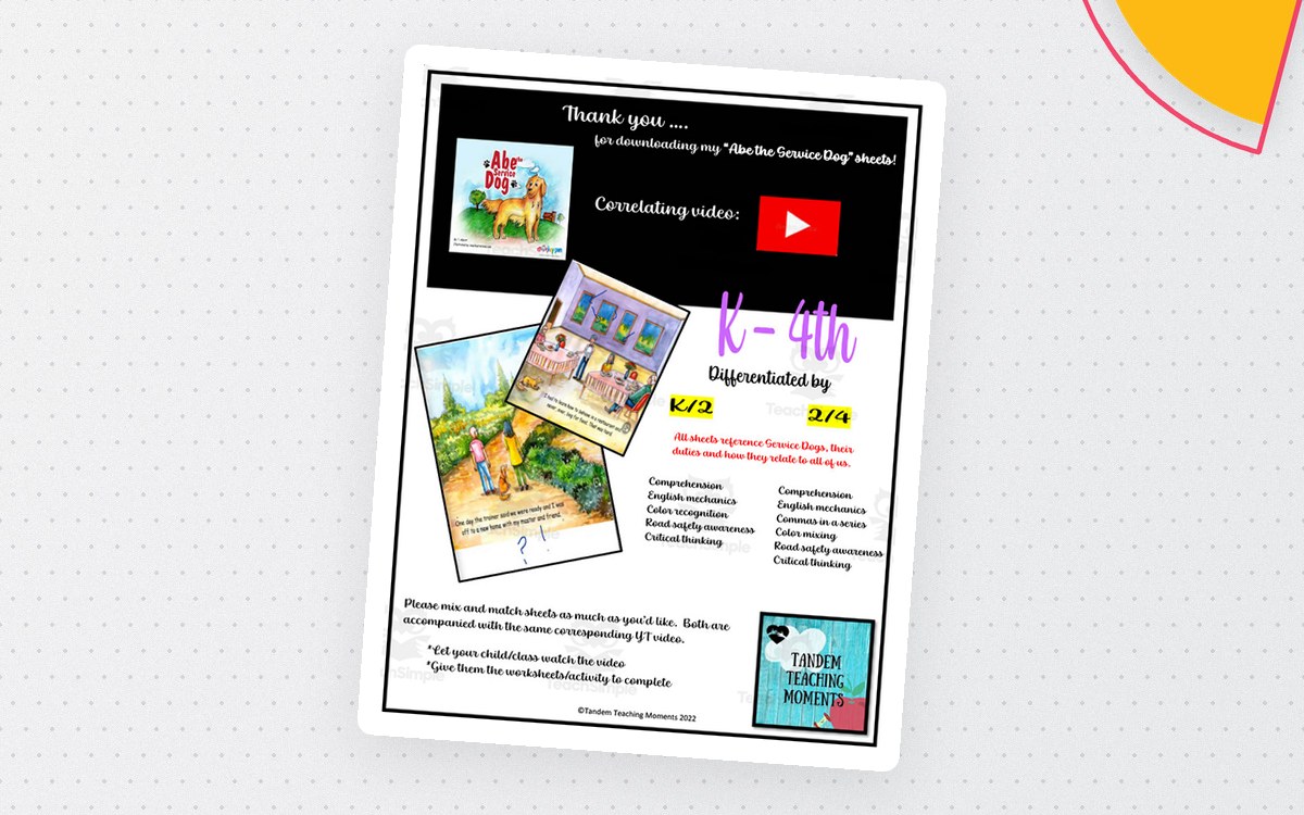 Abe the Service Dog packet cover with K–4 worksheet previews and YouTube companion notice.