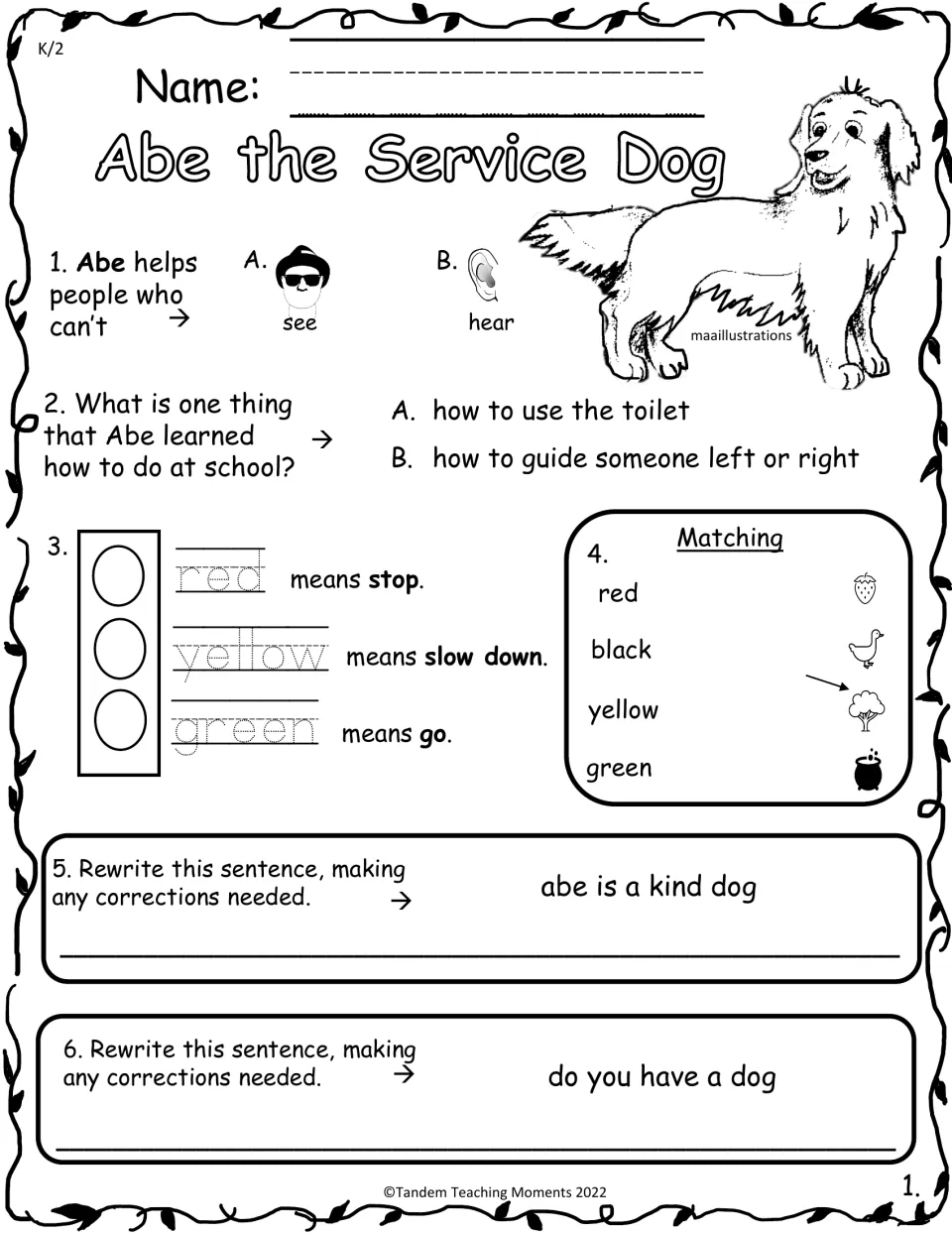Service dog comprehension quiz: students pick answers, trace traffic light colors, match colors and fix capitalization