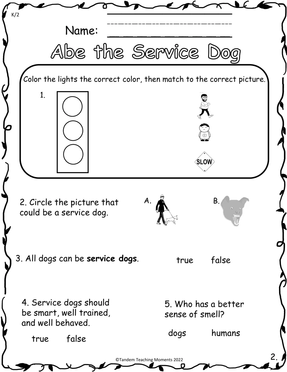 Road safety and service dogs: students color a traffic light, match signals, circle a service dog and answer true/false