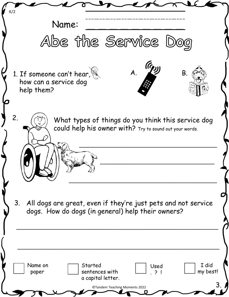 How service dogs help: students pick a picture for someone who can't hear, then write about a wheelchair user and pets