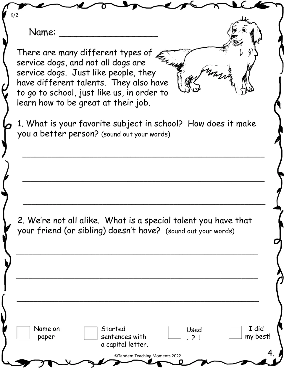 Talents and school: after a short passage on service dog training, students write about a favorite subject and a talent