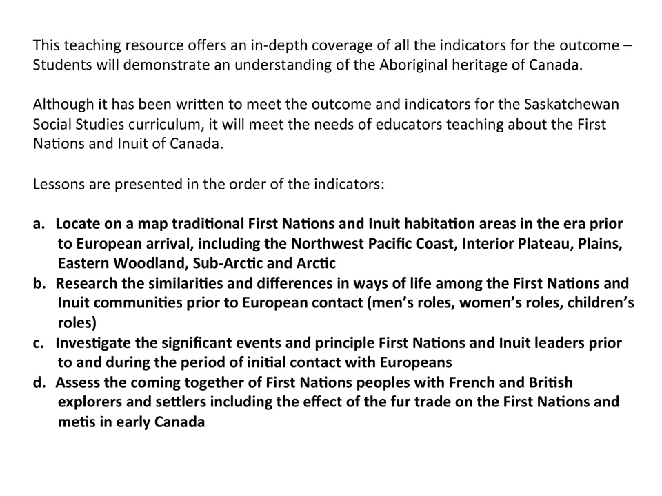 Outcome overview: indicators a to d, from mapping First Nations and Inuit habitation areas to the fur trade's effect