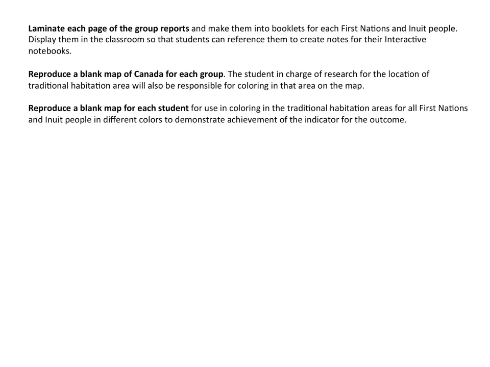 Teacher notes on laminating group reports into booklets and copying blank maps so students color all habitation areas