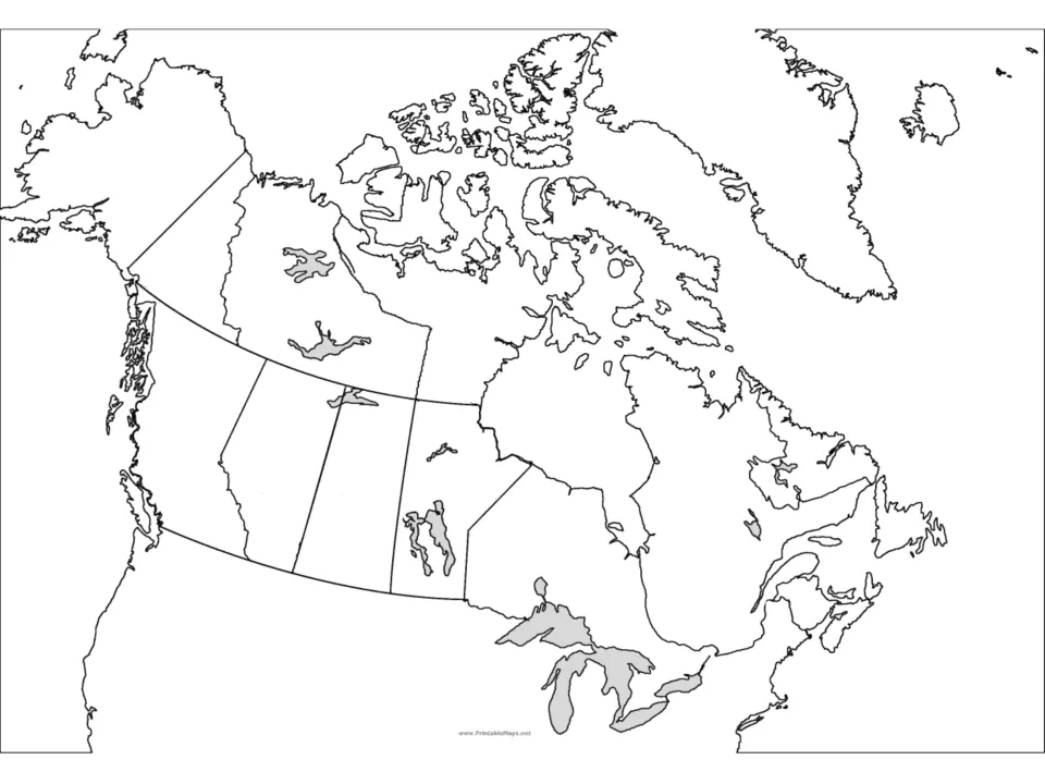 Blank outline map of Canada with provincial borders, lakes and Arctic islands for coloring traditional habitation areas