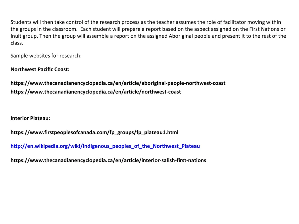 Research process notes and sample websites for the Northwest Pacific Coast and Interior Plateau First Nations groups