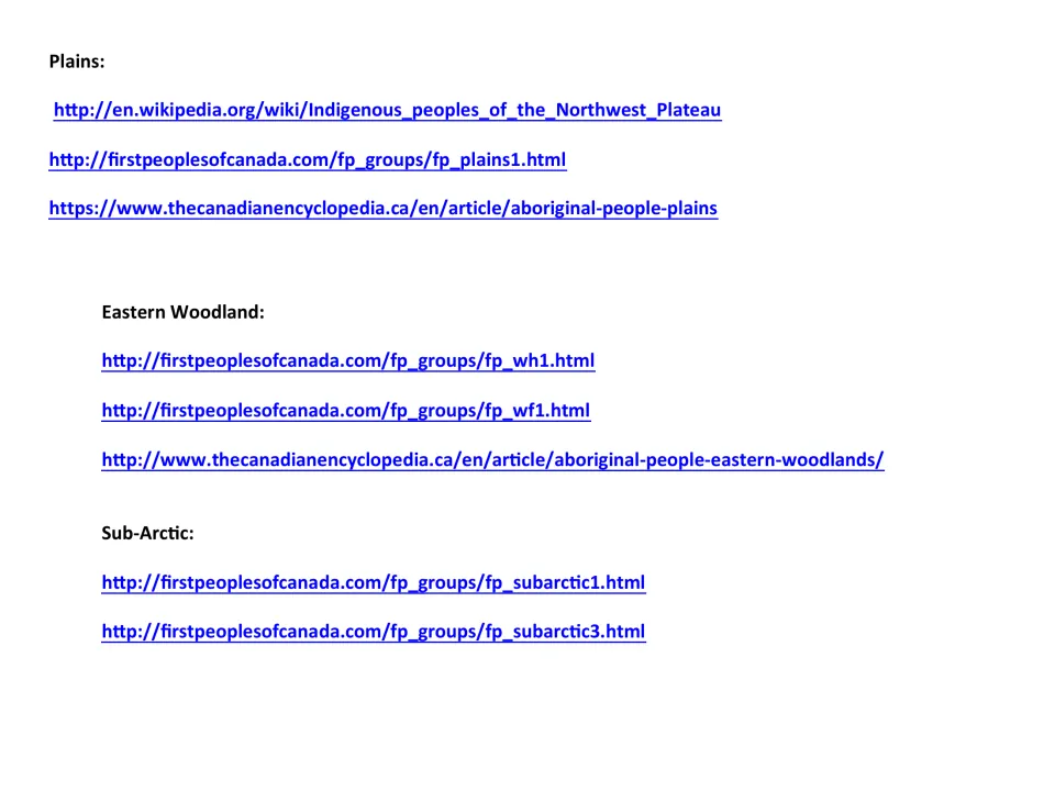 Sample research websites for the Plains, Eastern Woodland and Sub-Arctic groups, from First Peoples of Canada and more