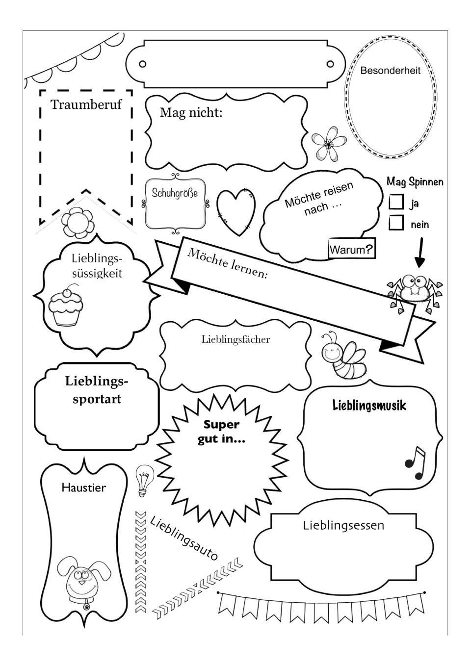 German self-introduction worksheet: Traumberuf (dream job), Lieblingsessen (favorite food), and personal facts