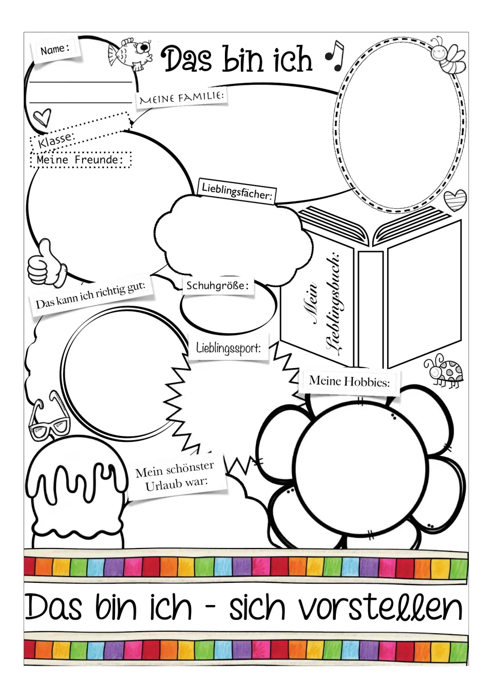 Cover showing a German introduction sheet: name, class, family, friends, favorite subjects, and hobbies.