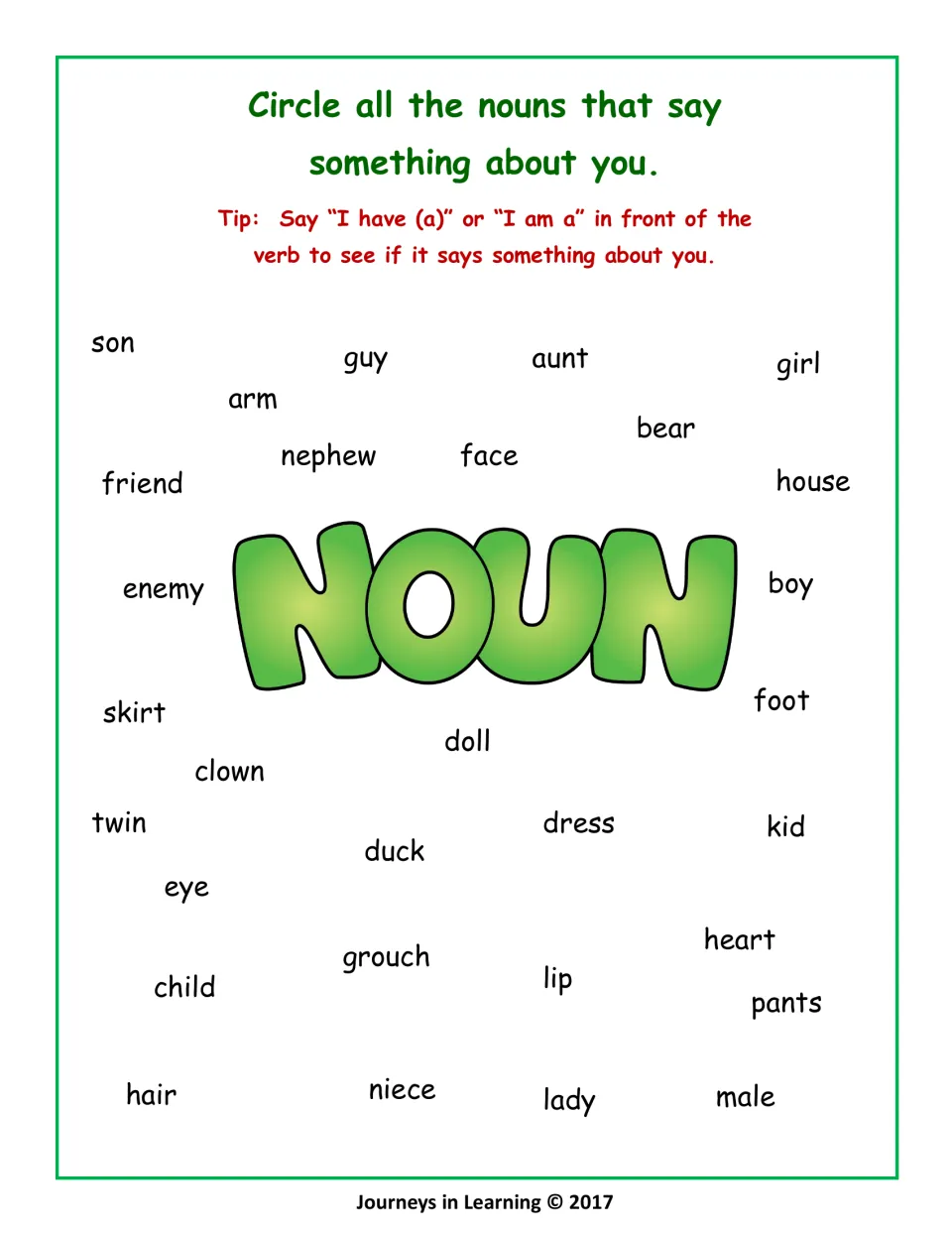 Nouns about me: students circle nouns that describe them, such as son, girl, twin or friend, testing each with 'I am a'