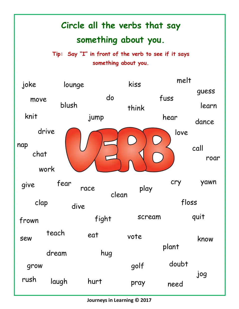 Verbs about me: students circle action words true for them, like dance, knit, golf or yawn, by saying 'I' before each verb