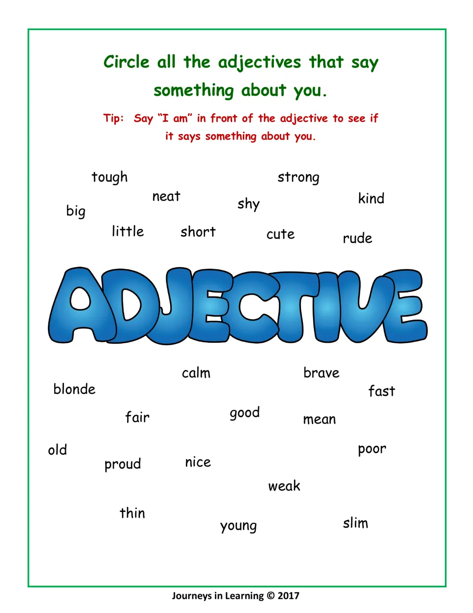Adjectives about me: students circle words that fit them, such as brave, shy, kind or tough, using 'I am' as a test