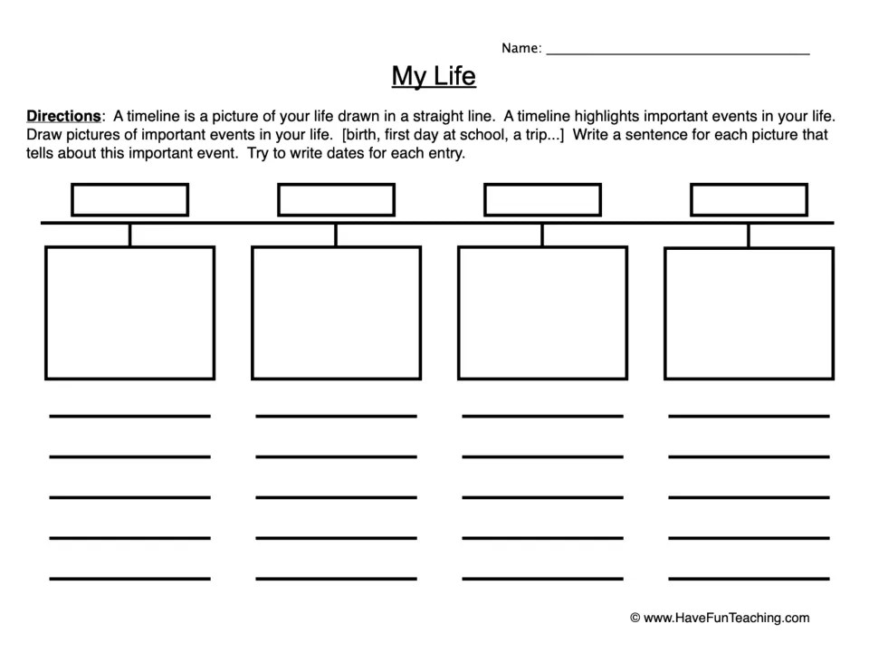 My Life timeline: students draw four key life events, such as birth or a trip, and write a dated sentence for each