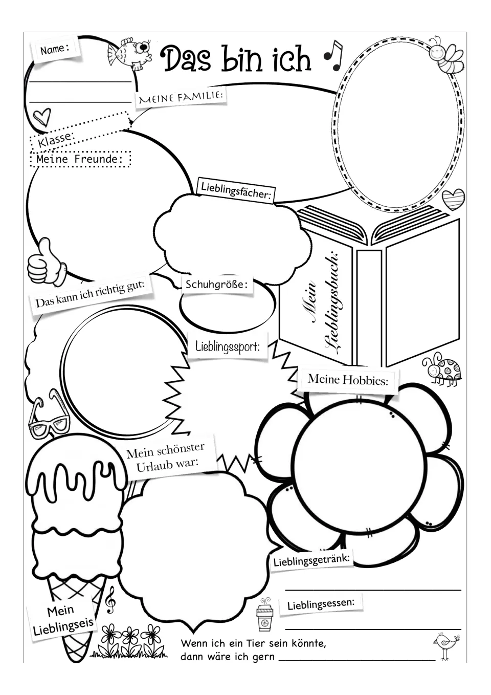 Das bin ich page with extra prompts: students add favorite drink, food, ice cream flavor and a chosen animal in German