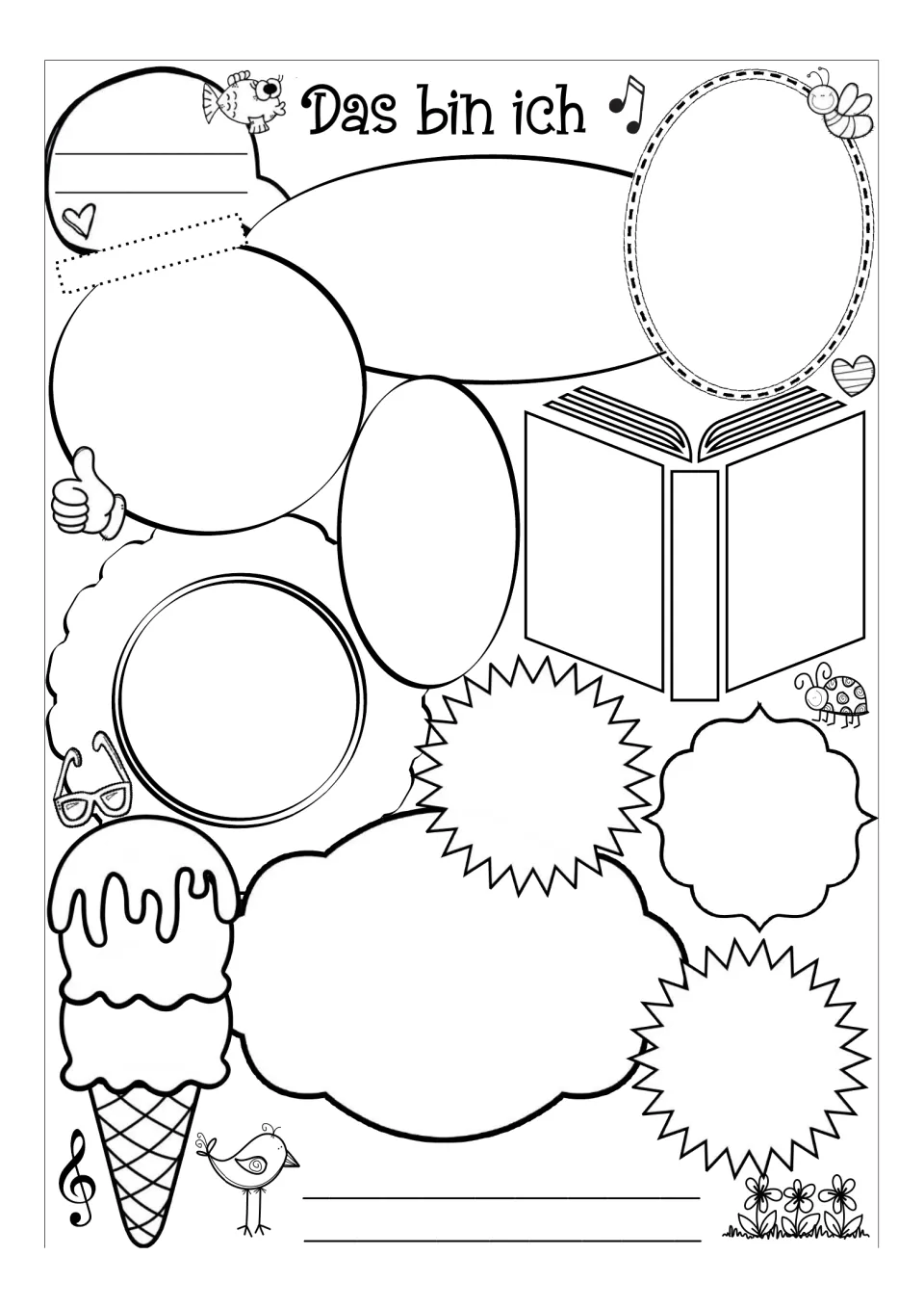 Blank Das bin ich template with empty shapes: students invent their own German prompts and fill in the answers